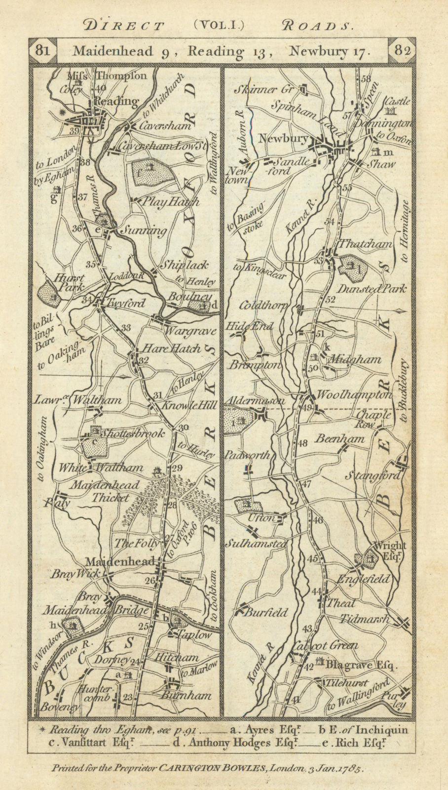 Burnham-Maidenhead-Reading-Aldermaston-Newbury road strip map PATERSON 1785